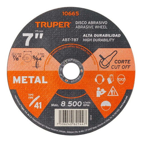 Disco Corte Metal Tipo 41 Diámetro 7' 10665 5 Pz