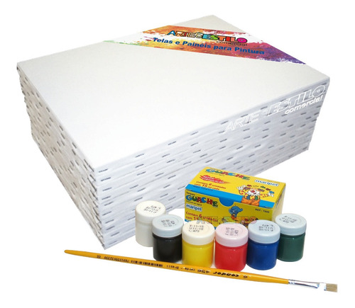 Imagem 3 de 6 de Kit 10 Telas Pintura 20x30 Mini Cavalete 06 Tintas E Pincel