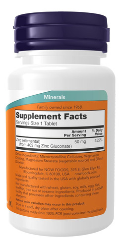Zinc 50mg 100 Tabletas