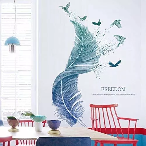 Vinilos decorativos PLUMA en azul (123×71 cm) I Vinilo decorativo Pájaros  Póster moderno I Decoración para salón dormitorio cocina pasillo muebles  baño azulejos adulto adolescente niño JAMW Sencillez