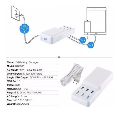 Hub Zapatilla 6 Puertos Usb Cargador 5v 12a 220v Premium