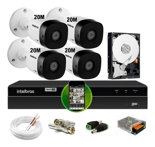 Imagem 1 de 3 de Kit Intelbras 4 Cam 1120b G4 Ir 20m Dvr 4 Mhdx 1104 Hd 500g