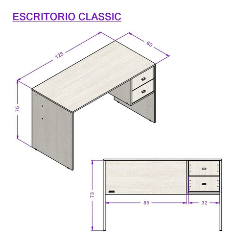 Escritorio Classic 2 Cajonesguiashierro 123x60 Oficina Hogar