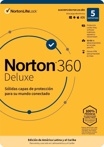 Imagen 1 de 4 de Antivirus Norton Deluxe 5 Dispositivos 50gb Nube Vpn
