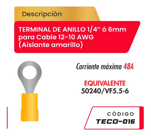 Terminal De Anillo 1/4  Para Cable 12-10awg Teco-016 Amarill