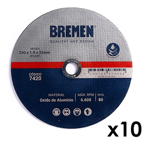 Bremen 7420 Disco Corte Amoladora Metal 230 X 1.9mm Caja 10u 