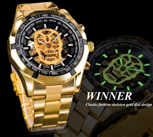 Imagen 3 de 6 de Winner Men Reloj Automático Con Diseño De Calavera Luminosa