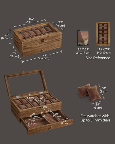 Songmics Caja Para Relojes De 12 Ranuras, Vitrina Para Re...