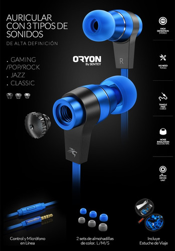 Auriculares Sentey Earbud Oryon Blue Ls-4217 Microfono Gamer