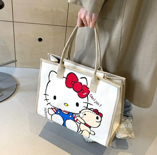 Bolsa De Lona Hello Kitty Grande De Hombro 32x40cm Beige Estampado Níquel Beige
