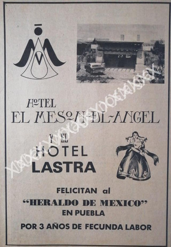 Cartel Retro Hotel El Meson Del Angel , Puebla 1967