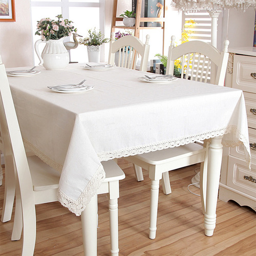 Mantel Rectangular De Lino Y Poliéster Con Borde De Encaje
