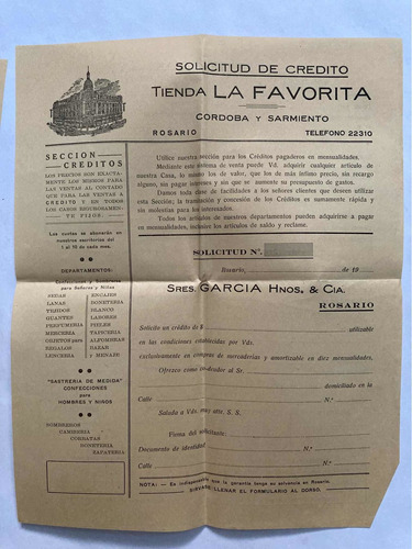 Rosario. Tienda La Favorita. Solicitud De Crédito. 1939.
