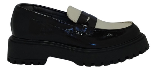 Zapato Mocasin Mujer Morrison Hueso Y Negro Cuero Vacuno