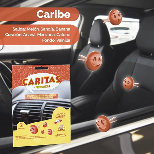 Perfume Fragancia Aromatizante Para Auto Pack X2 - Caritas Color Naranja Fragancia Caribe