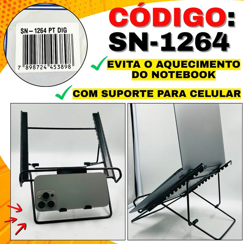 Suporte Para Notebook Ergonômico Regulável Com Apoio Celular