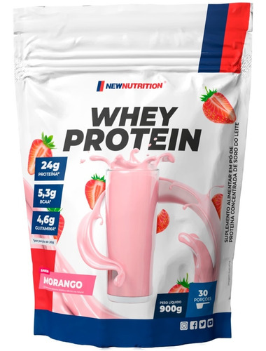 Suplemento em Pó NewNutrition Whey Protein Concentrado Proteína Soro do Leite Sabor Morango em Sachê de 900g Puro