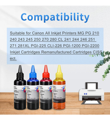 Tinta Recarga P/ Impresoras Hp, Canon, Epsn, Brother 4x100ml
