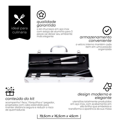 Jogo Para Churrasco 3 Peças Aço Inox Com Maleta Mimo Style