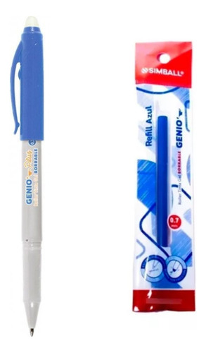 Lapicera Simball Tinta Gel Borrable + 2 Cartuchos Azules