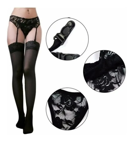 Imagen 4 de 4 de Liguero Con Tanga Y Medias De Encaje Sexy