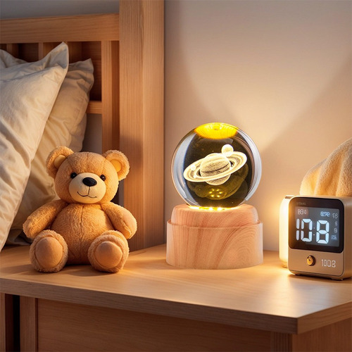 Lampara De Noche Led 3d Galaxia Bola Cristal Base Giratoria Saturno