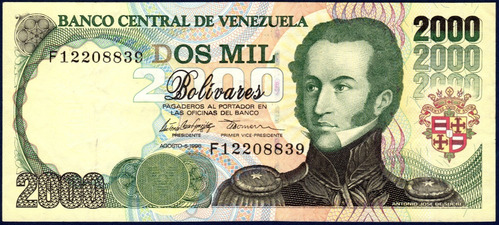 Billete De 2000 Bolívares F8 Agosto 6 1998 Sucre