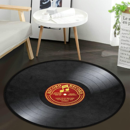 ~? Music Record Black Round Area Rug Retro Vinyl Round Carpe