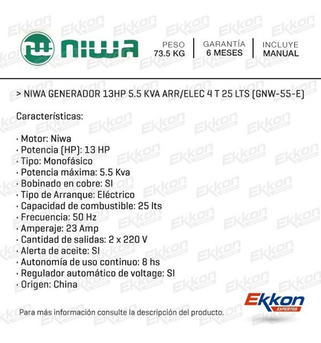 Imagen 2 de 8 de Generador Grupo Electrogeno Niwa 13hp Arr. Eléct. 5.5kva 25l