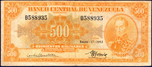 Billete 500 Bolívares B6 Enero 17 1952 Bolívar Canario