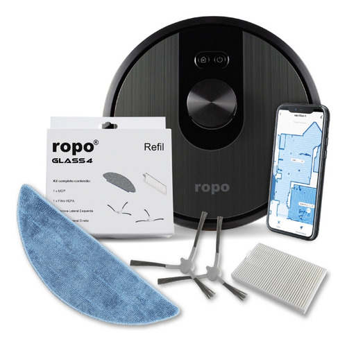 Combo Robô Aspirador Ropo Glass 4 + Refil Cor Preto 127/220V