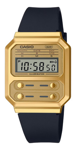 Reloj Casio Vintage A-100wefg-9a Original Lcal Belgrano Color de la malla Negro Color del bisel Dorado Color del fondo Dorado