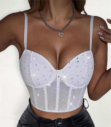 Top Corset Shines Diamante Sexy Mujer Blanco Bretel