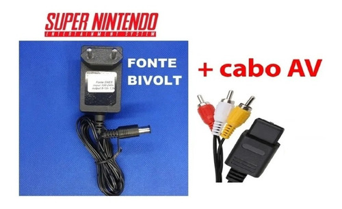 Kit Fonte Bivolt + Cabo Av Audio E Video P/  Super Nintendo