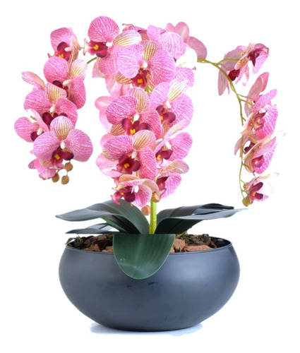 Arranjo De Orquídeas Artificiais Rosa Em Vaso Preto Fosco