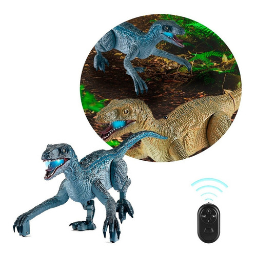 Brinquedo de controle remoto de dinossauro Walk Light Sounds Roar Character Velociraptor Blue