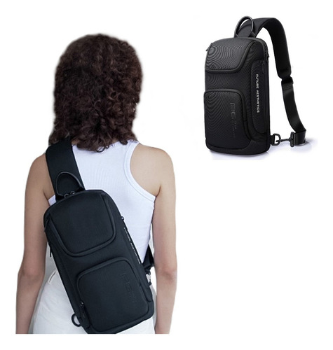 Mochila Transversal Pequena Bolsa Ombro Shoulderbag Cor Preto Desenho Do Tecido Liso Premium