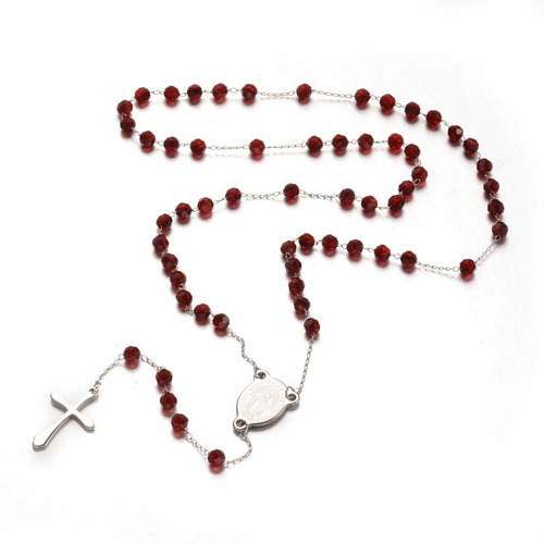 Cadena Collar Rosario Virgen Maria Acero Inox Y Vidrio Rojo