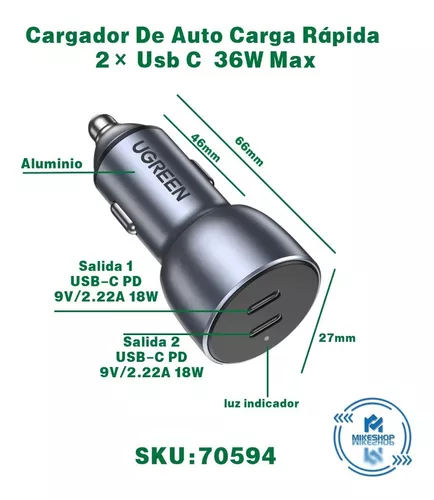 Ugreen Cargador rápido Auto a USB C PD de 36W