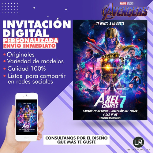 Invitación Digital Cumpleaños Tarjeta Virtual - Avengers
