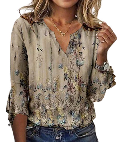 Camiseta Casual Con Cuello En V Estampado Floral