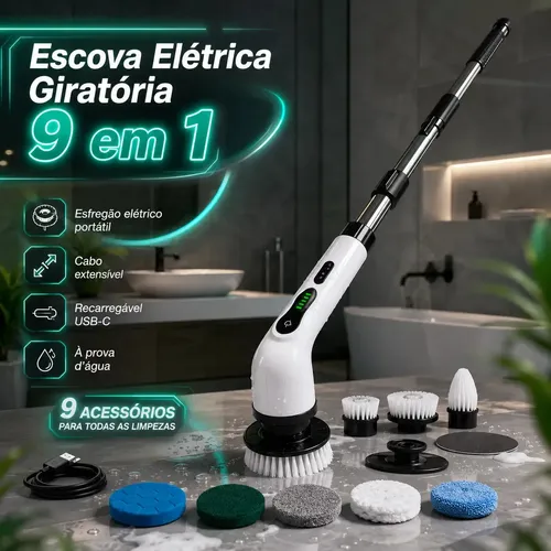 Esfregão Mop Elétrico 9 em 1 Giratório Recarregável Portátil IP67 Branco 25W