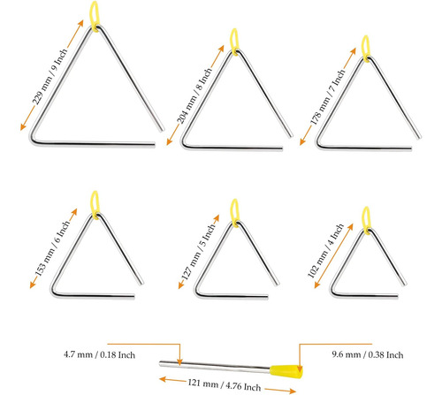 Mukchap 6 Pack Musical Triangle Instrument Set, 4, 5, 6, 7,