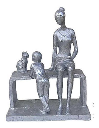 Escultura Mãe, Filho E Gato Em Resina Prata 20x15,5x8cm
