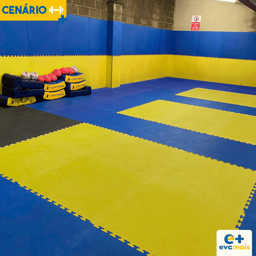 Kit 12 Tatames Tapete Eva Tatame 1x1 20mm - Azul Com Amarelo