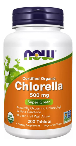 Clorella Orgánica Certificada Now - 500 Mg - 200 Tabletas