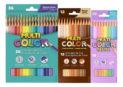 Kit Lápis Multicolor 36 Cores + 12 Tons Pele + 10 Pastel 36 Coloridos. 12 Tons De Pele E 10 Tons Pastéis