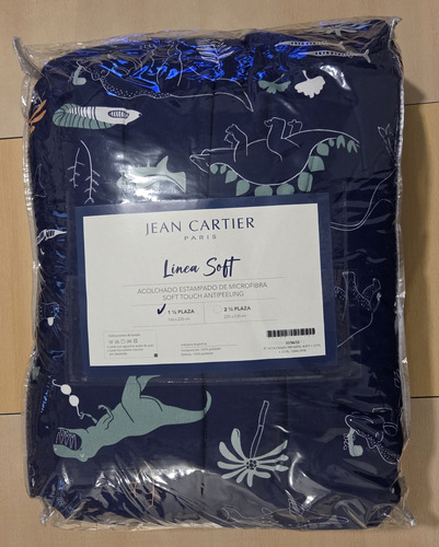 Acolchado Jean Cartier Microfibra Soft Antipeeling 1 1/2p Azul Dino Fun Dinosaurios