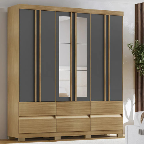Guarda Roupa 6 Portas Casal Grande Espelho Roupeiro Madeira