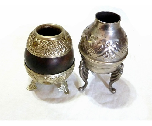 Antiguos Mates De Alpaca Calabaza Y De Metal Blanco 3 Patas Plata Tallado (Usado)